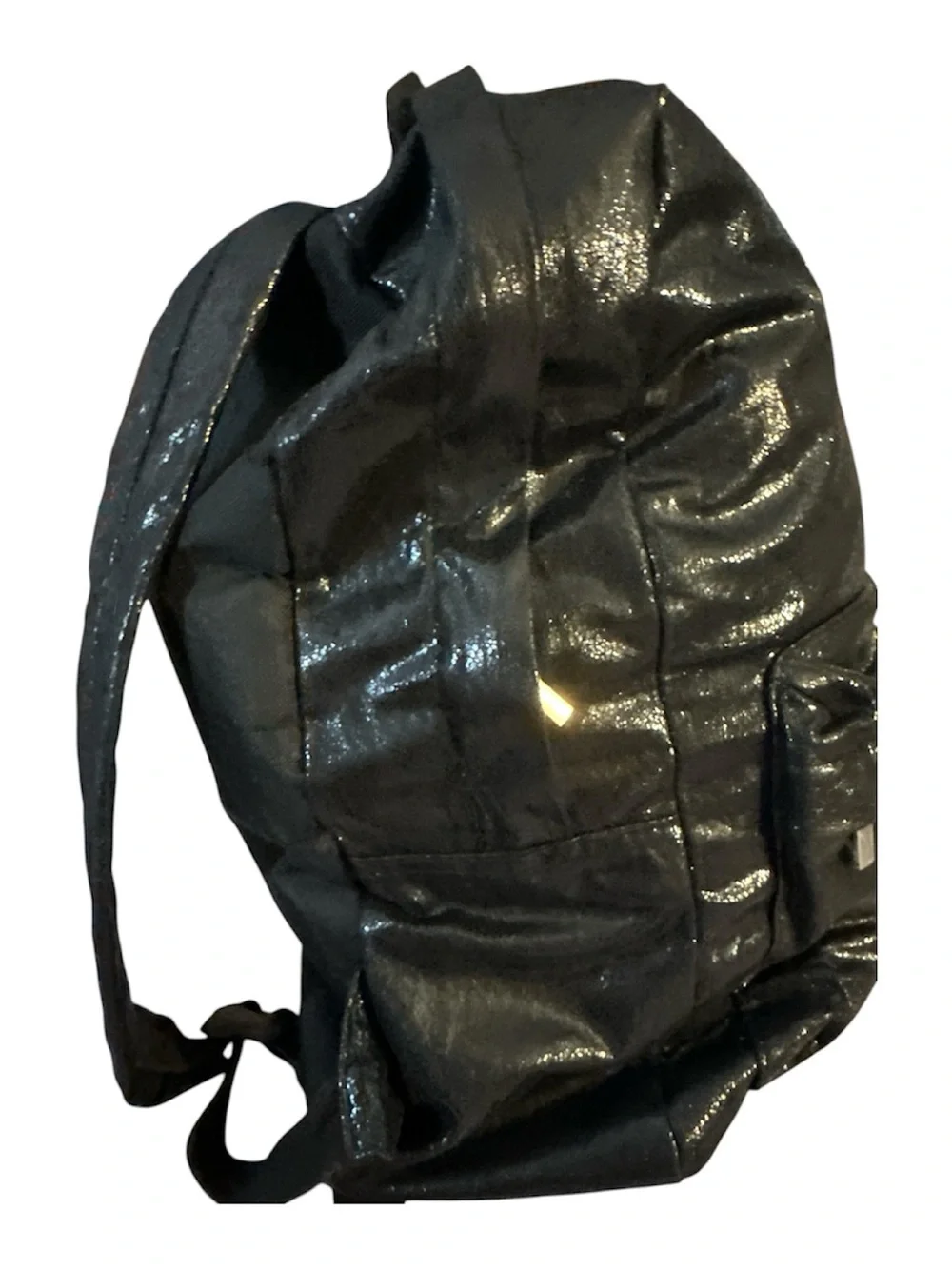 NWOT Beginning Boutique Black Shiny Leather Backpack silver acc pocket adjust
